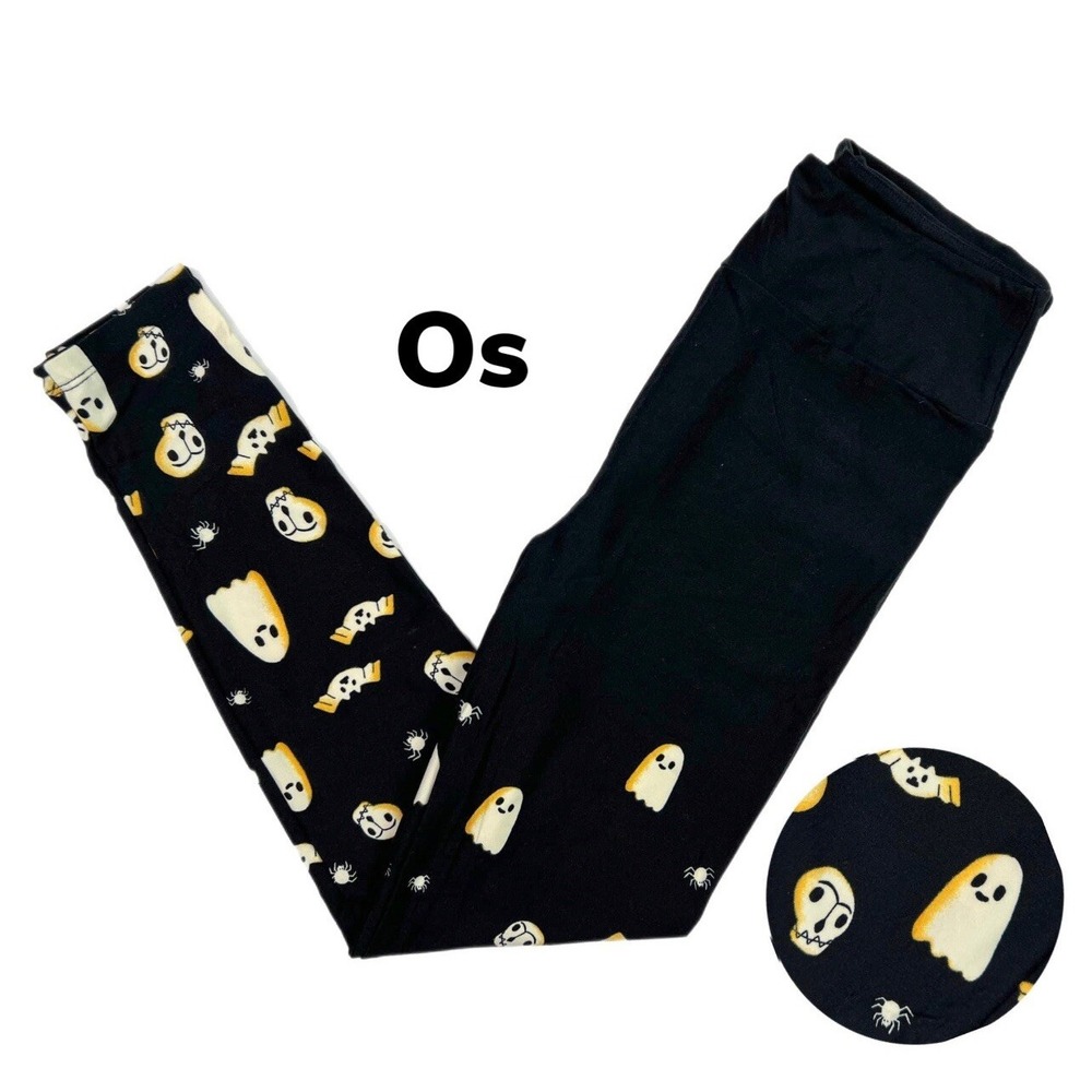 Os LuLaRoe Halloween Leggings Solid Black Ghosts On The Bottom Fits 2/10